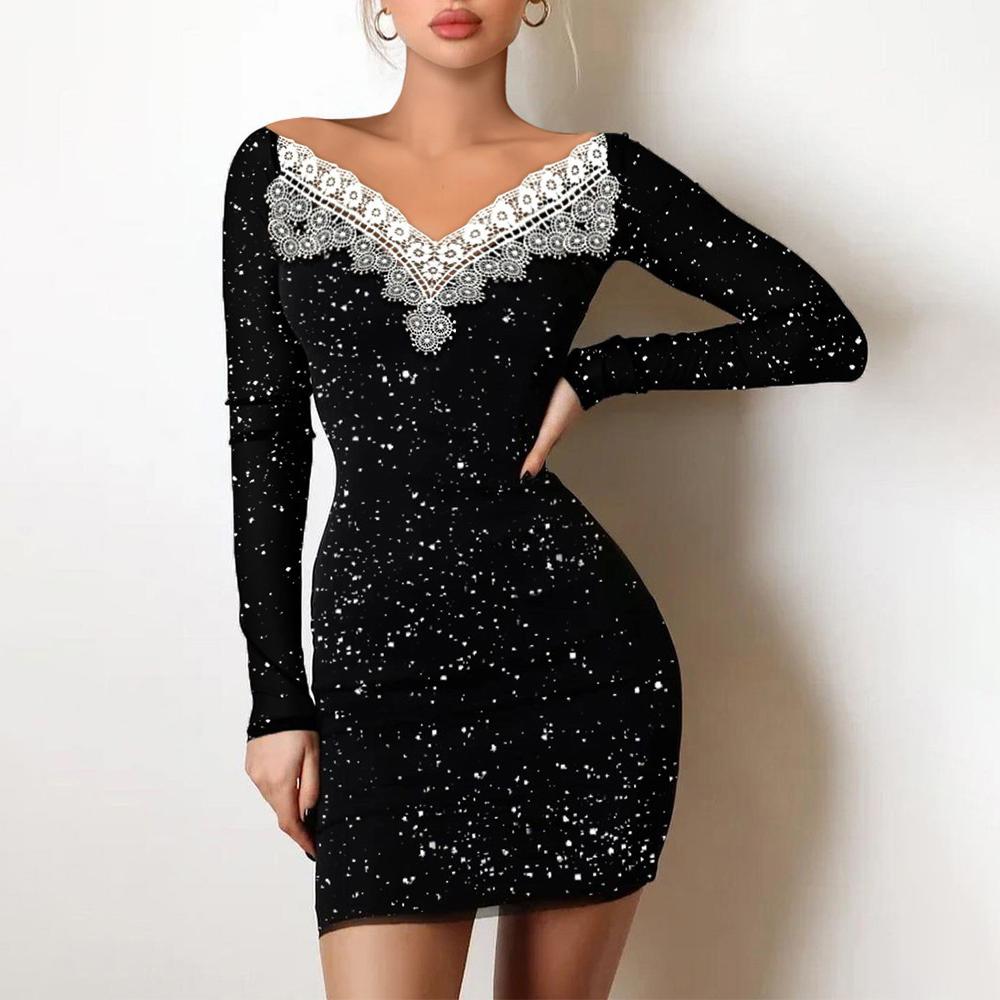 Женские вечерние платья для вечеринок, осеннее простое черное с открытыми плечами и длинными рукавами, контрастное кружевное блестящее облегающее мини-платье