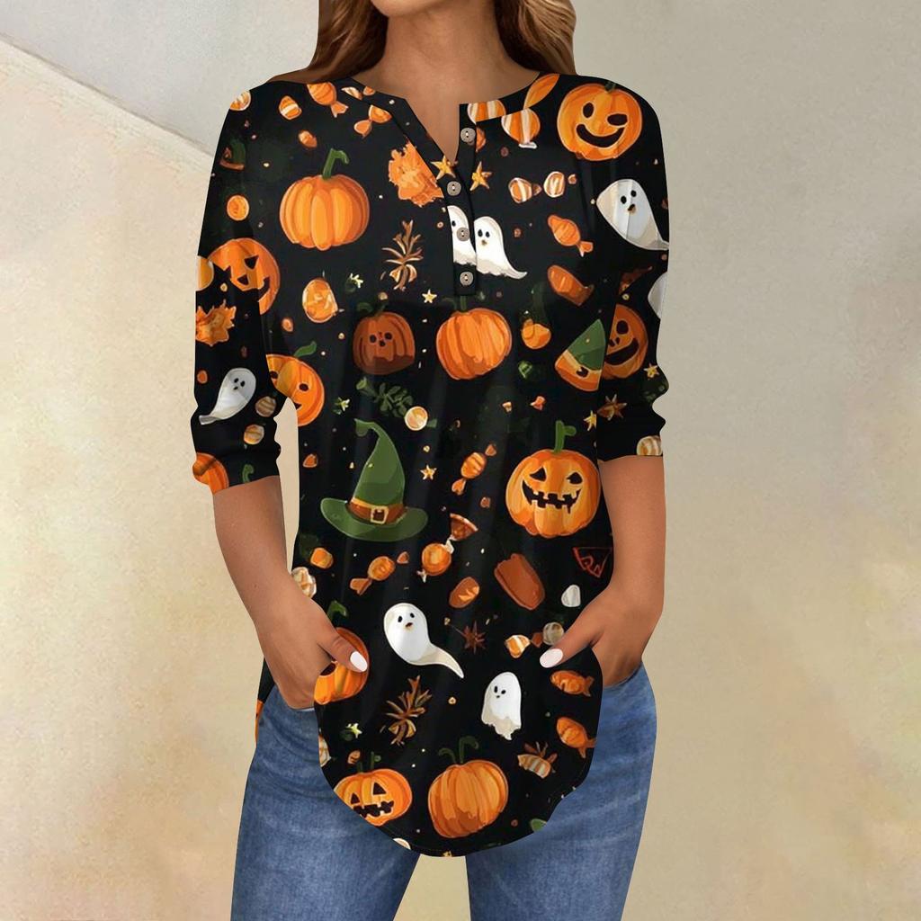 Женская модная свободная футболка с пуговицами на воротнике, с принтом на Хэллоуин, с длинным рукавом, топ, пуловер