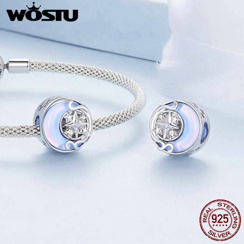 WOSTU 925 Silver Moonstone Charms Heart Beads Astronaut Moon Pendant Fit Bracelet DIY Necklace Jewelry Making