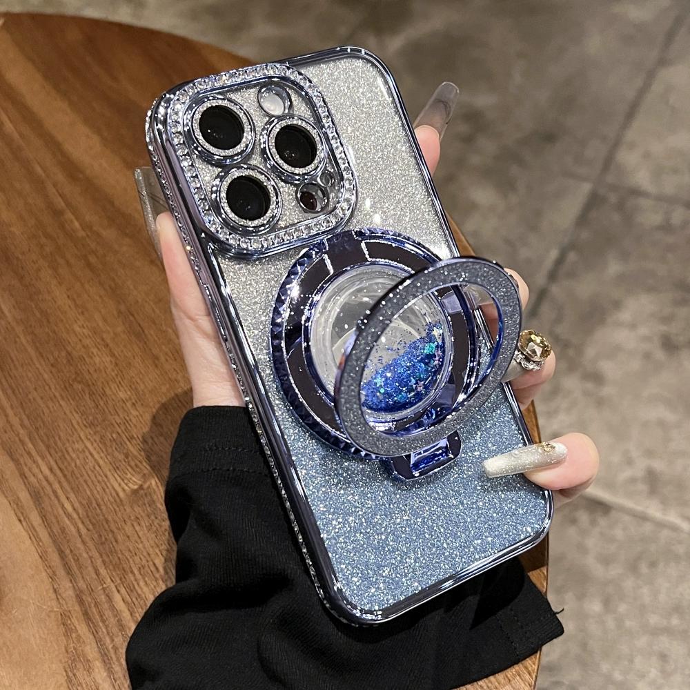 Роскошный прозрачный чехол с бриллиантовым блеском для iPhone 15 11 12 13 14 Pro Max Plus Magsafe Магнитная беспроводная зарядка Зыбучий песок Подставка Чехол