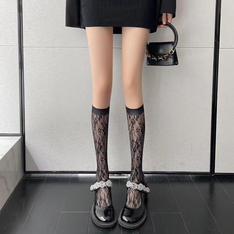 Women Sexy Floral Print Mesh Stockings Knee High Socks Soft Nylon Elastic Fishnet Fashion Long Leg Socks Designer Sheer Socks