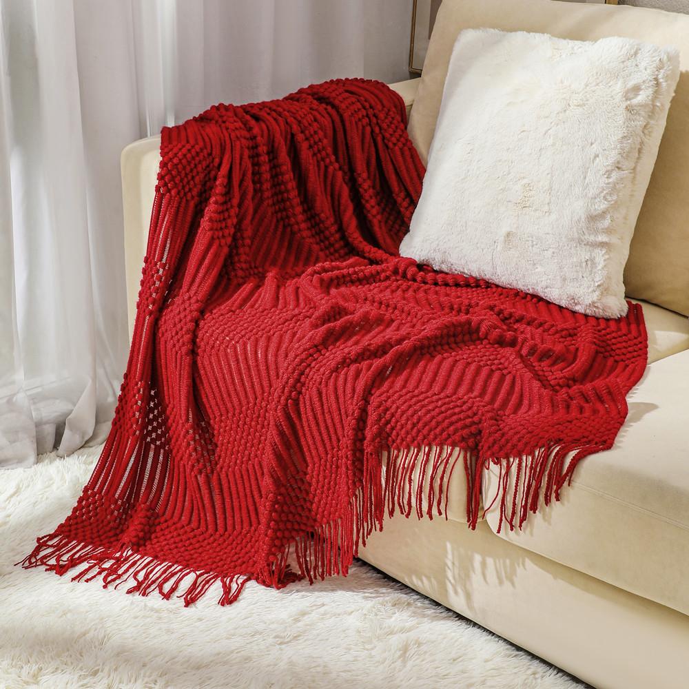 1 шт. Плед в стиле бохо с геометрическим узором и кисточками - 100% полиэстер, легкий, всесезонный, с мягкой текстурой, для дивана, кровати, софы