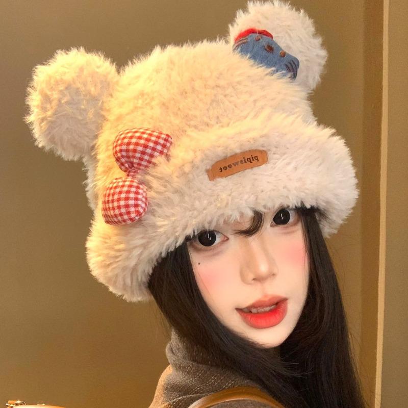 Cute cat plush knitted hat women's autumn and winter thickened warm and cold-proof wool hat showing small face ear protection hat
