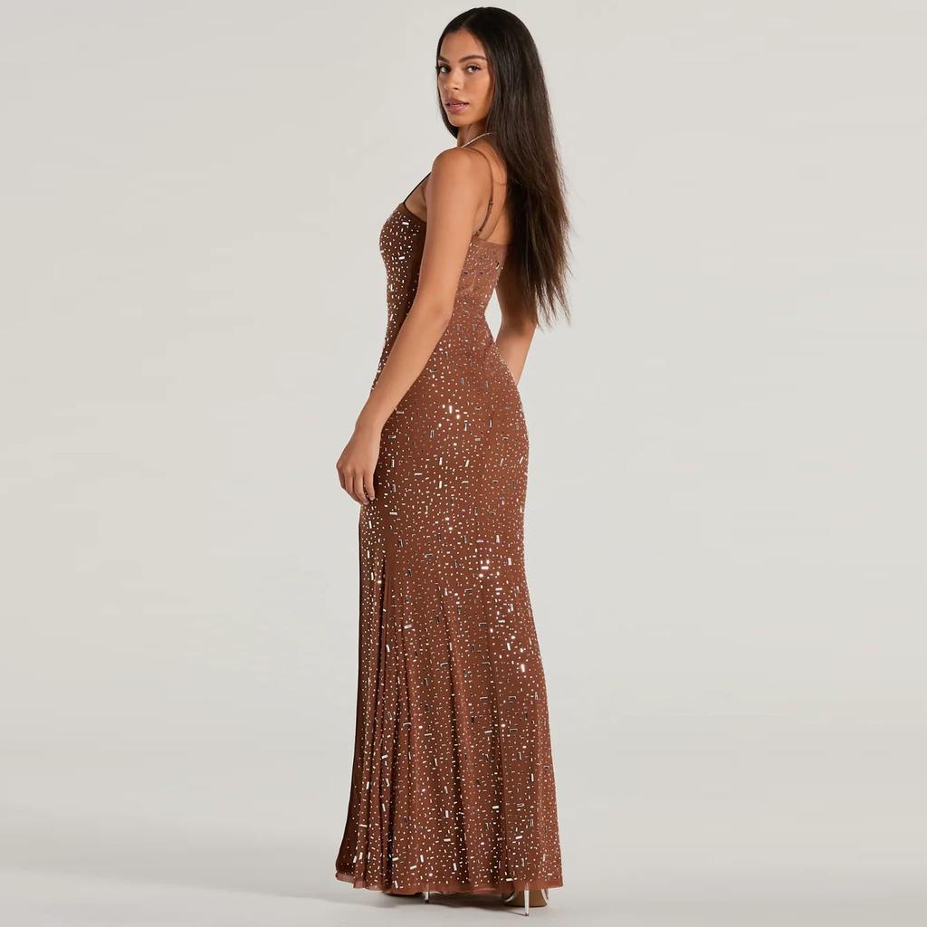 Women's Shiny Diamonds Sexy Halter Split Long Dresses