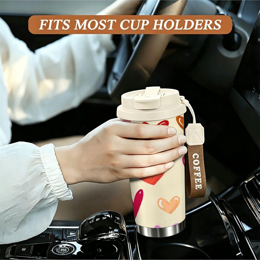 Cute Hand Painted Colorful Heart Pattern Insulated Coffee Tumbler, Vacuum Travel Mug with Lid, Reusable Cup for Office School Gift