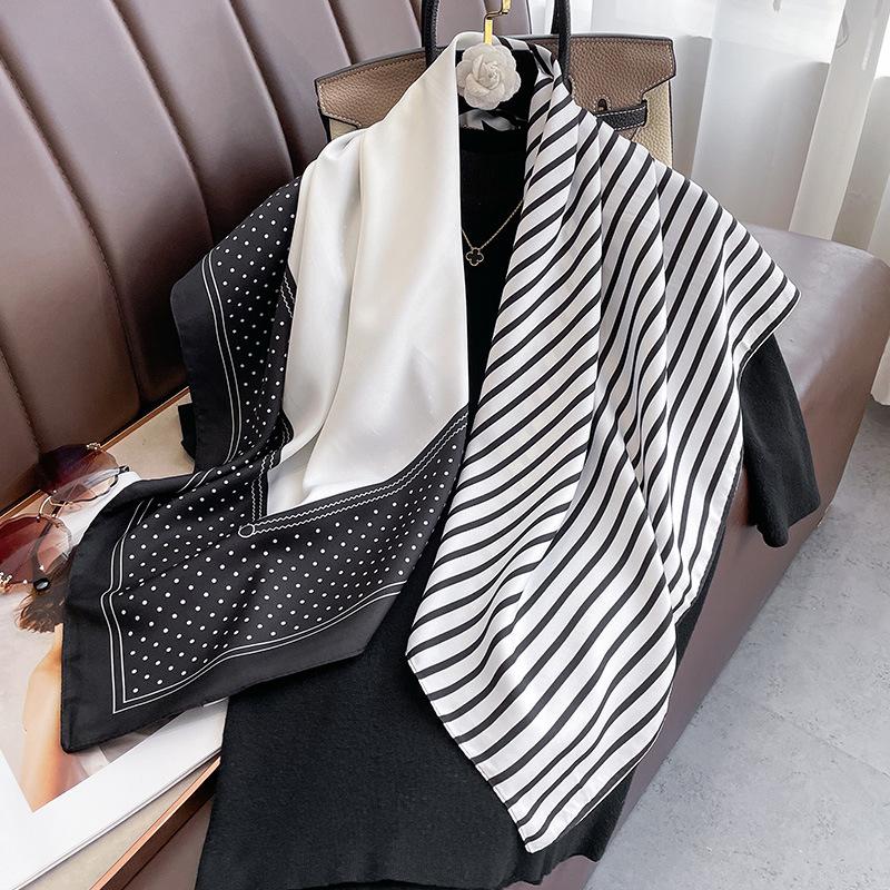 Korean Version of Polka Dot Striped Printed Square Scarf for Women New Style Exterior Shawl Square Silk Scarf