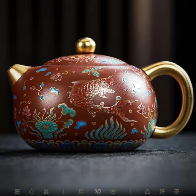 Purple sand Xishi pot, one pot and two cups, master handmade household tea set, Zhu Ni Dahongpao gilt high-end gift box set