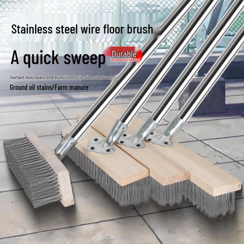 Stainless Steel Wire Brush with Long Handle for Cement Floors - Hard Bristle Iron Brush for Moss Removal