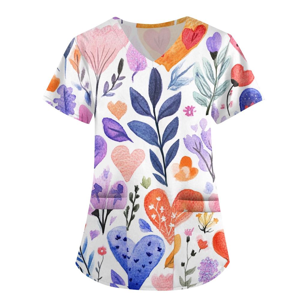 Women's Fashion V-neck Short-sleeved Work Clothes With Pockets Valentine's Day Print Top