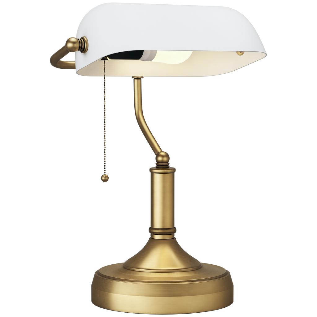 Banker's Desk Lamp with Antique Bronze Tone Base, Table Lamp with White Glass Shade for Home Office, White