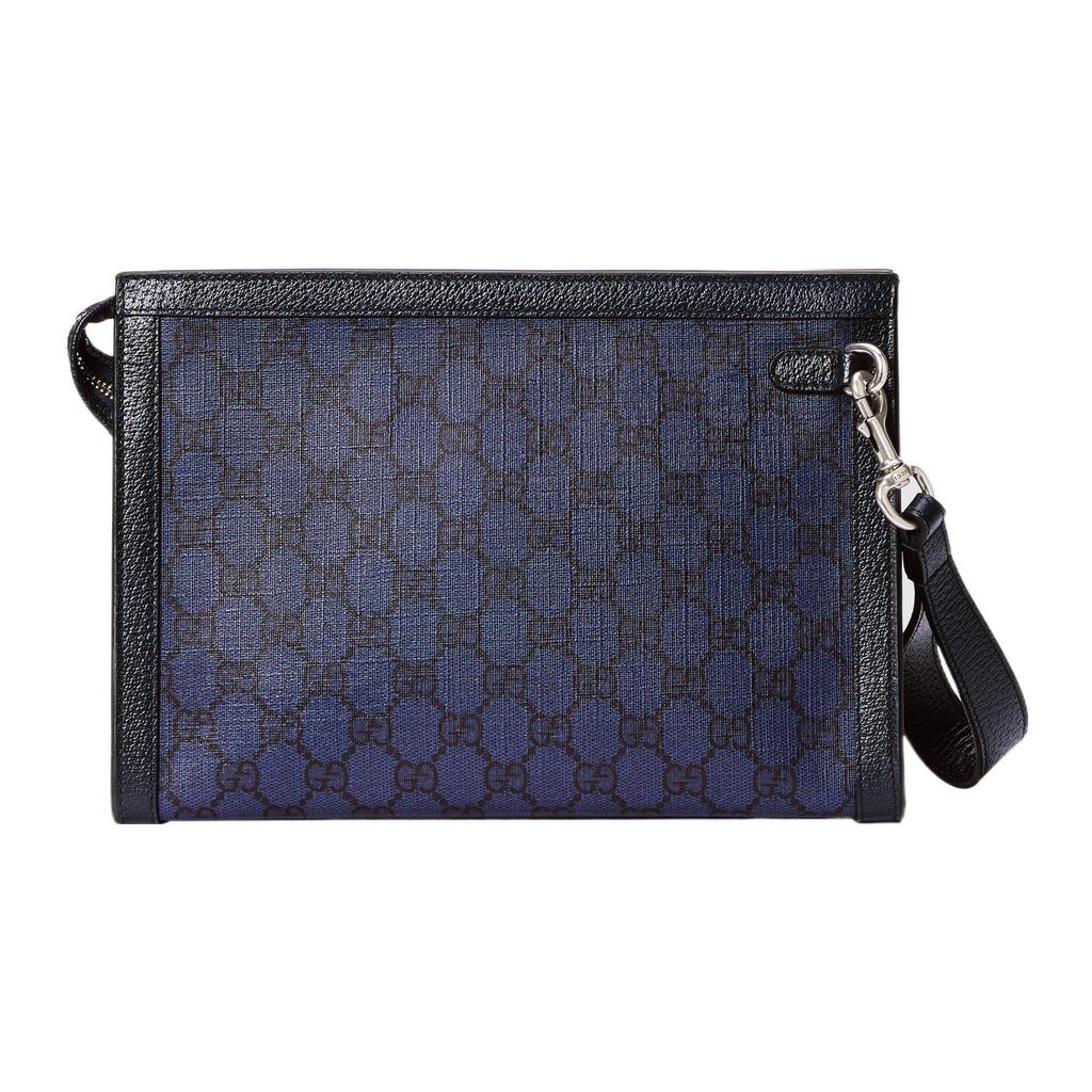 Gucci GG Monogram Canvas Leather Trim Zip Pouch Wristlet Clutch In Blue For Unisex Daily Use