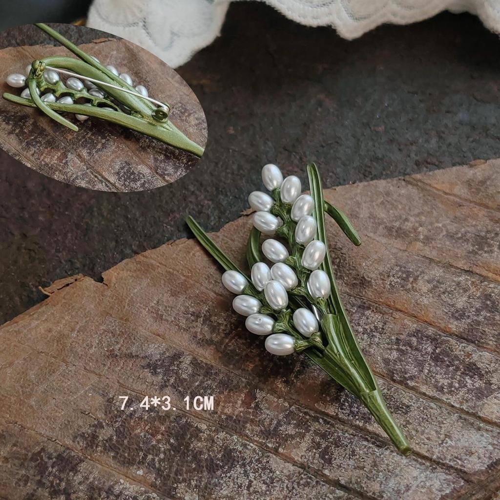 Vintage Lily of the Valley Pendant Brooch with Handmade Enamel Leaves Corsage Pin.