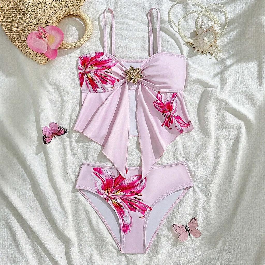 Girls Floral Print Two Piece Swimsuit Adjustable Straps Tankini Top with Decorative Front Detail and Matching Bottoms Lightweight Fabric