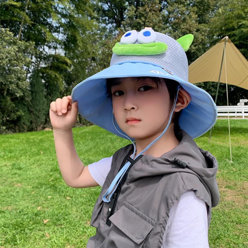 Kids Summer UV Protection Sun Hat Boys Girls Cartoon Mesh Breathable Wide Brim Fisherman Cap for Outdoor Shade