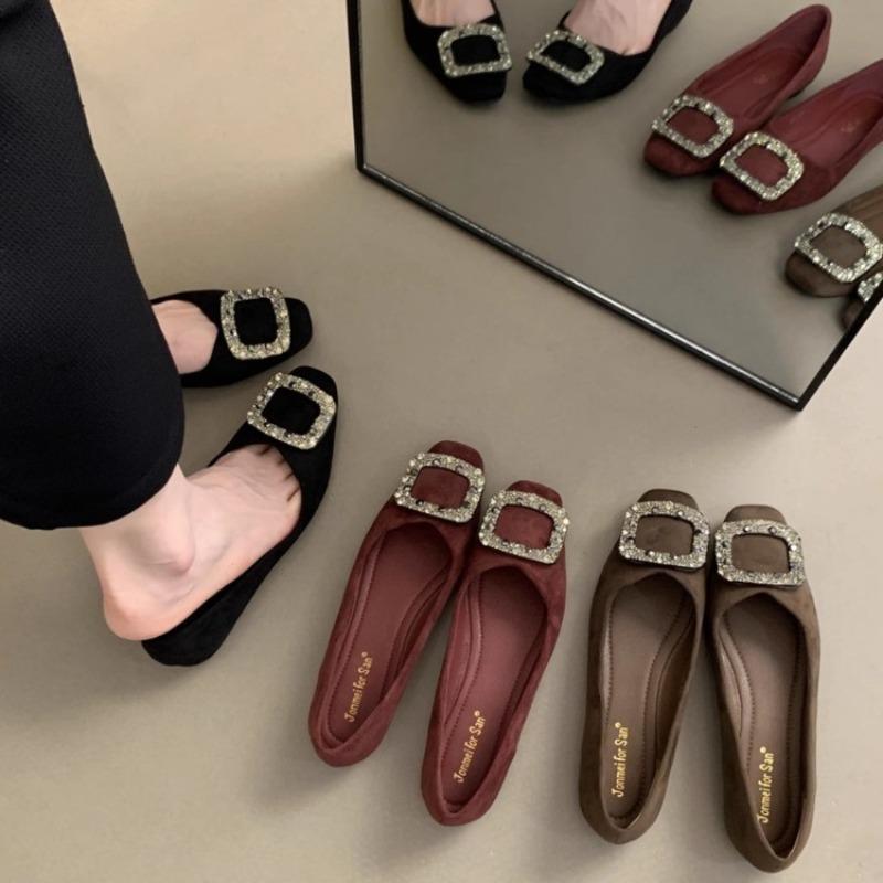 New Women's Flat Shoes Fashionable Rhinestone Square Toe Soft Sole Women's Shallow Mouth Single Shoes Zapatos De Mujer