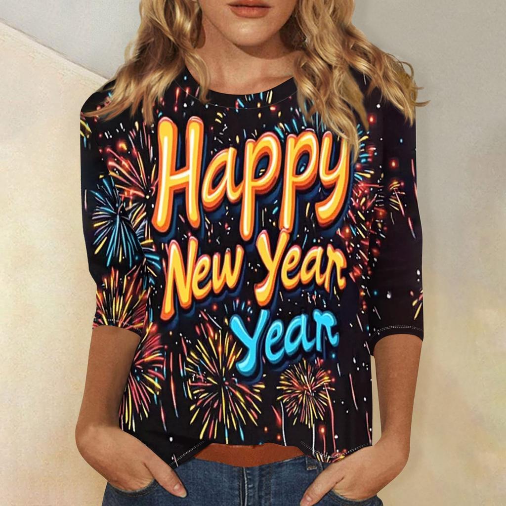 Женская мода повседневная новогодняя принтованная круглая горловина с рукавом три четверти топ Новый год 2025