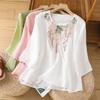 Elegant Cotton Loose Summer Shirt Sleeve Crew Neck Embroidered Tops for Women Vintage Blouses