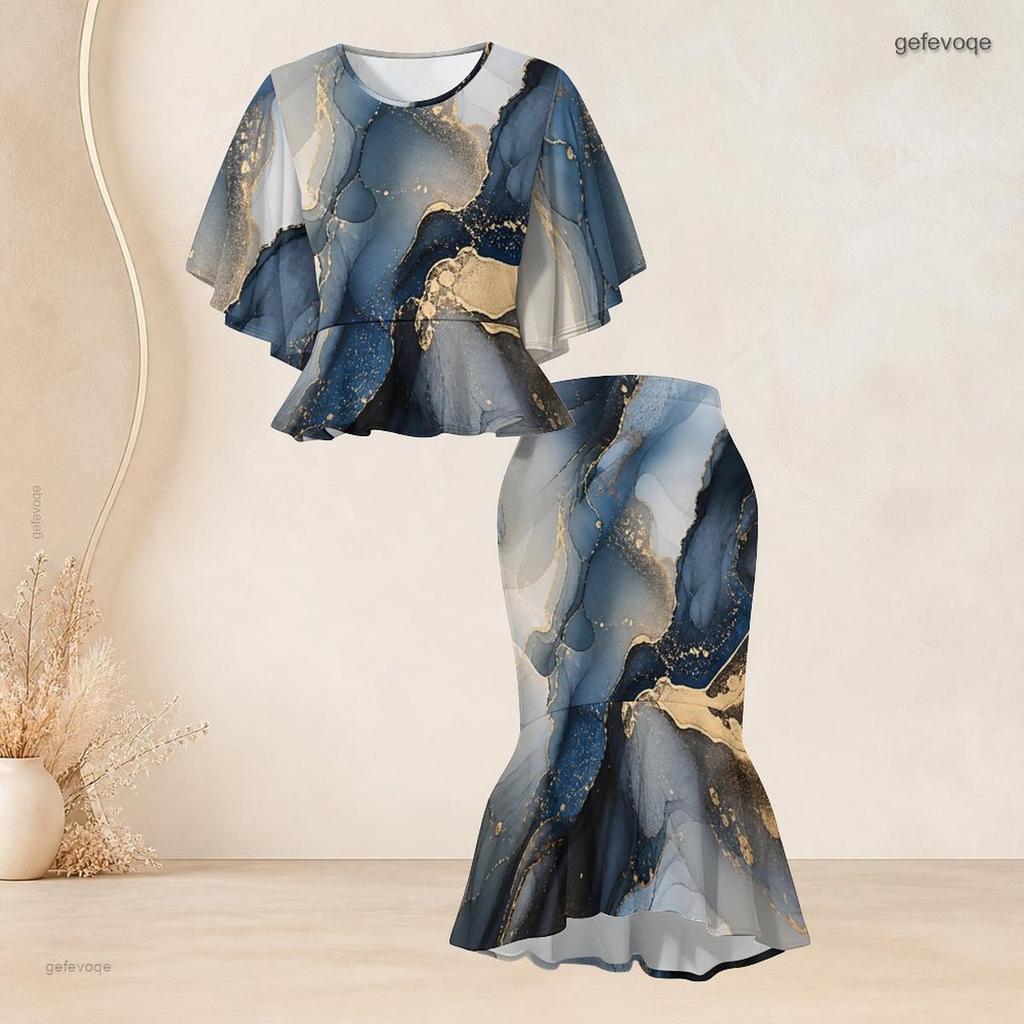 Women Plus Size Blue Gold Printed Round Neck Batwing Sleeve Ruffle Hem Top Fishtail Skirt Two Piece Set