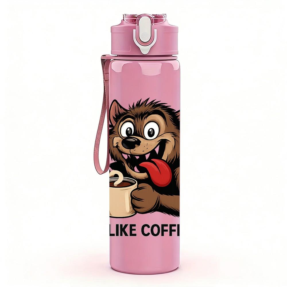 1PC Coffee Lover Wolf Cartoon 750ml Color Plastic Sports Water Bottle Leakproof Flip Straw Lid Suitable for Sports Office Home Use