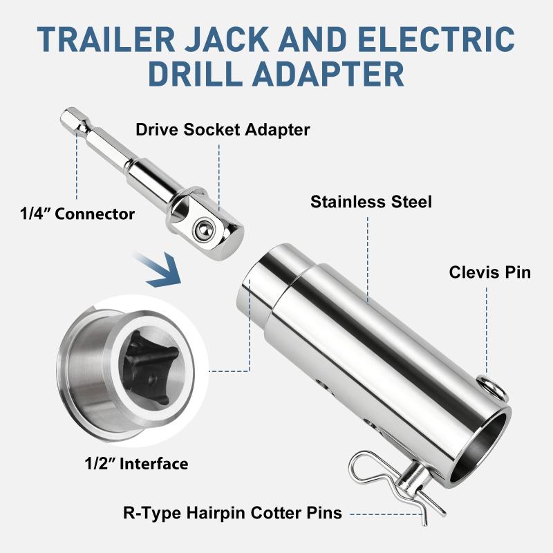 Trailer Jack Drill Adapter Kit Solid Carbon Steel Construction 1" Drive Shaft 1/2" Socket 1/4" Hex Shank for RV Travel Trailer