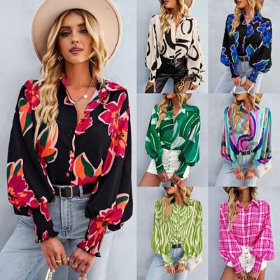 Tooxika Лидер продаж Commuter Printed Long Sleeve Tops Lapel Lantern Sleeve Shirt For Women