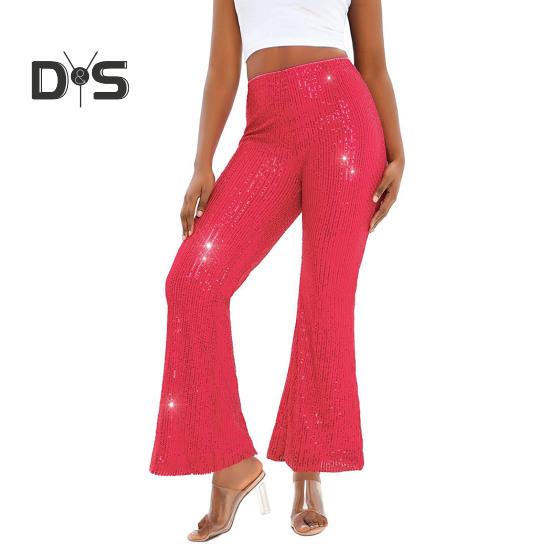 Women High Waist Sparkling Pants Wide Leg Flared Trousers Sequin Bling Party Slacks Glitter Night Out Pants Clubwear