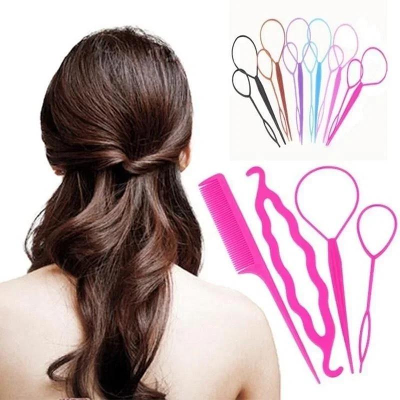 Portable 4 Pcs Hair Styling Tools Braid Tool Loop Elastic Hair Bands Rat Tail Comb Metal Pin Tail Braiding Combs Hairstyle Tools