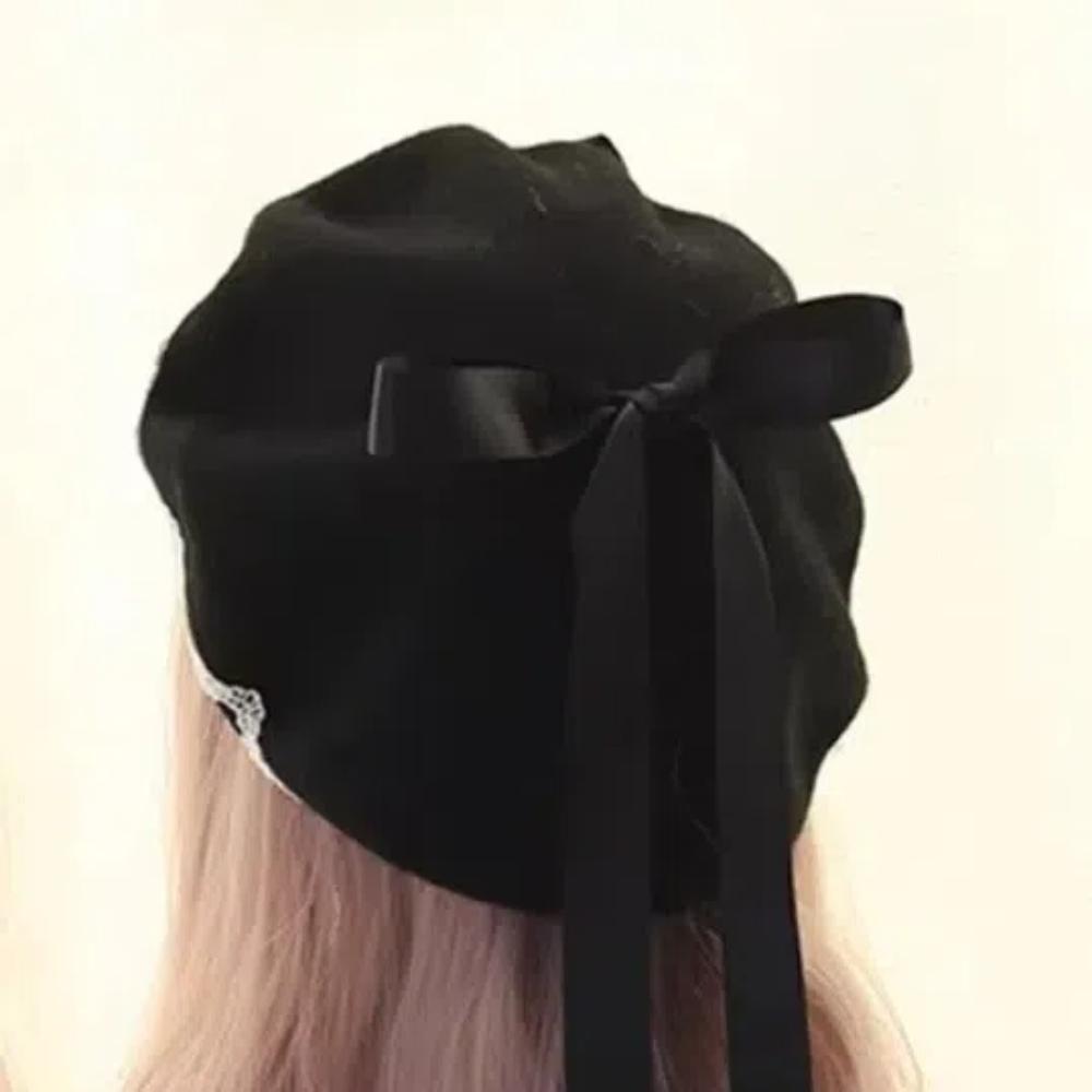 Warm Girl Lace Bow Hat Sweet Painter Hat Y2k Beanie Cap Female