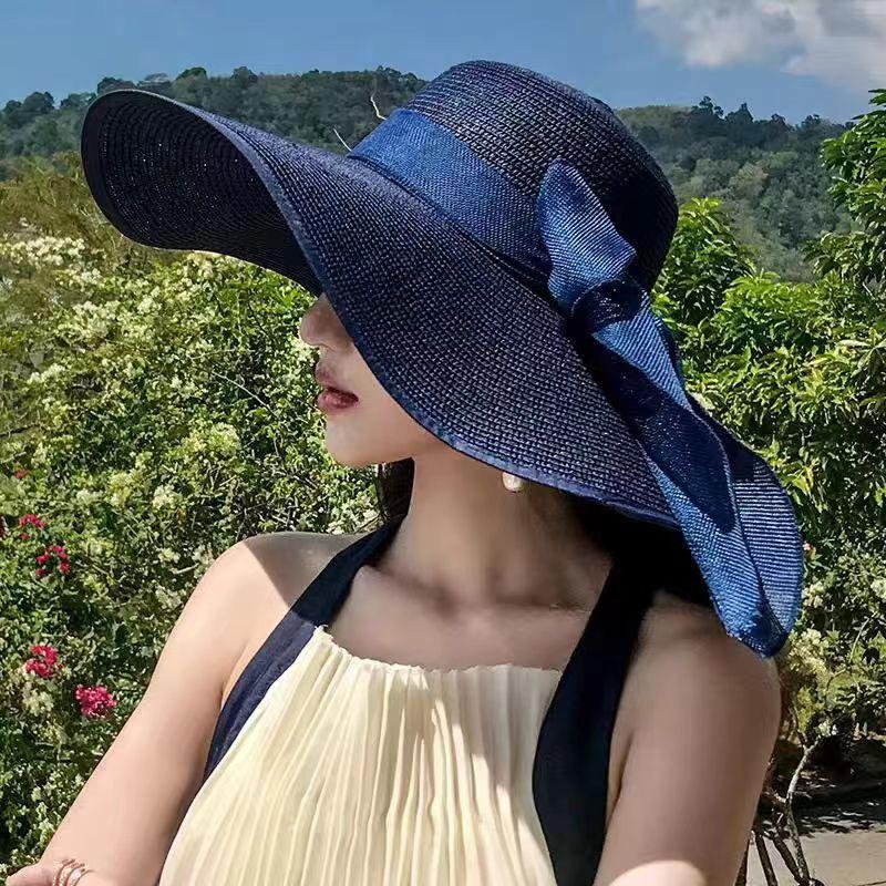 Seaside Resort Straw Hat Women's Big Brim Sun Protection Hat Foldable Bow Beach Hat UV Protection Hat Versatile Versatile