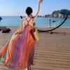 Морской travel vacation wind подтяжки юбка женская дофамин радужные полосы шея без рукавов свободное длинное платье