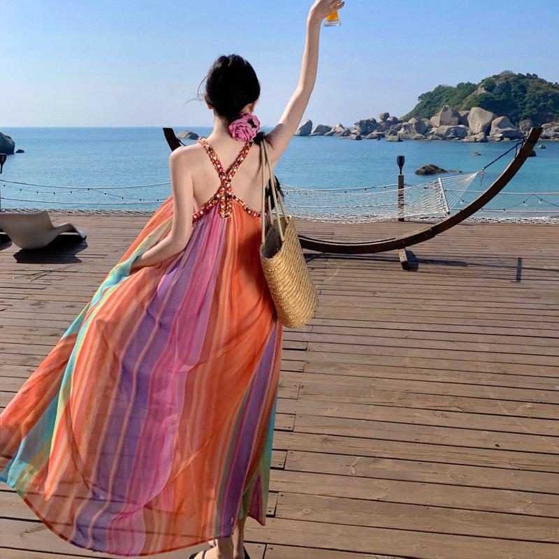 Морской travel vacation wind подтяжки юбка женская дофамин радужные полосы шея без рукавов свободное длинное платье