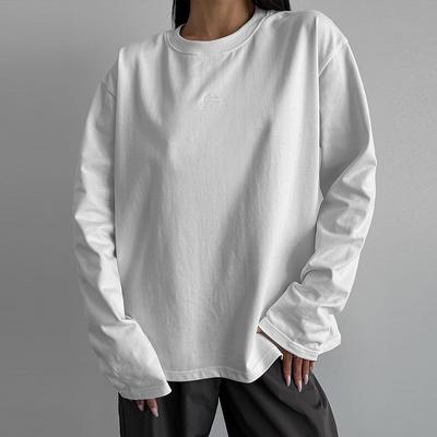 Круглый вырез Минимализм Оверсайз Однотонная футболка для женщин Длинный рукав Повседневный свободный пуловер Топы