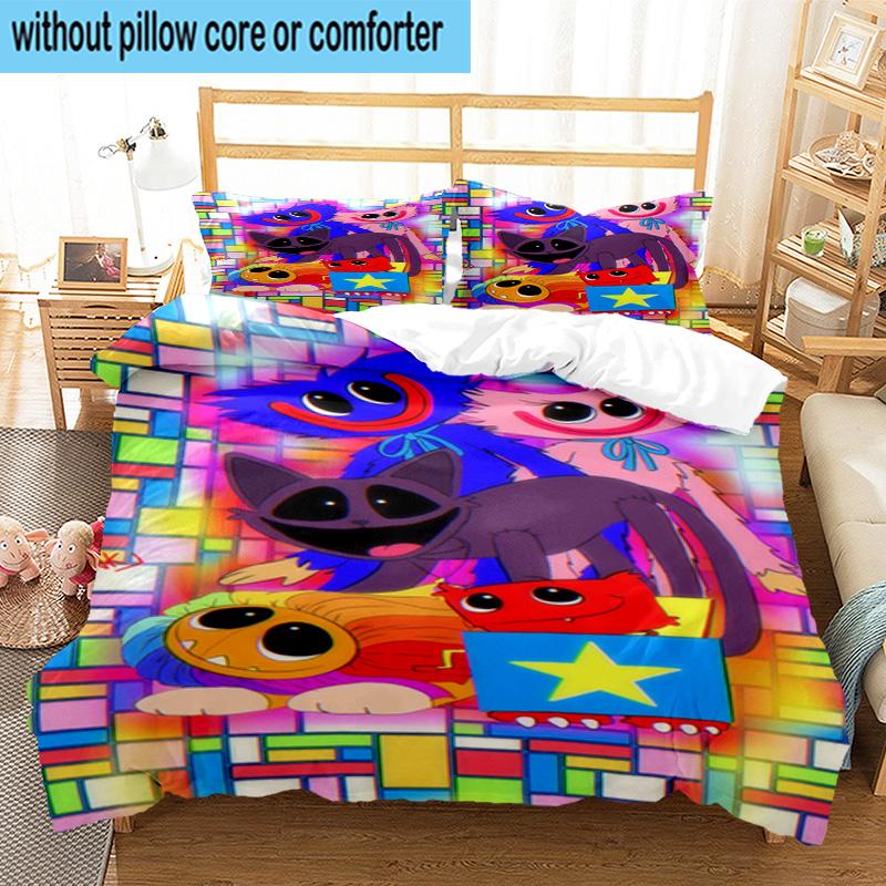 Blue Monster Huggy Night 3pcs Bedding,Including 1pc Duvet Cover And 2pcs Pillowcases Perfect for Christmas,Ideal for Bedroom, Dormitory