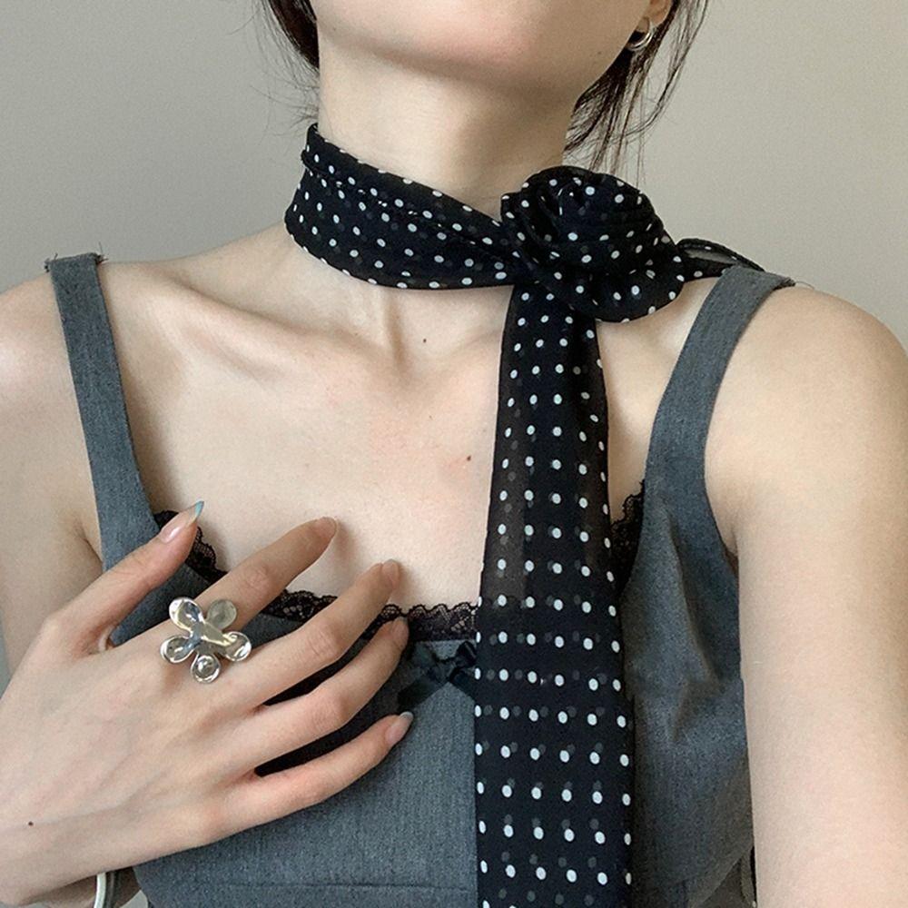 Wrap Polka Dot Scarves Bow Ties Collar Flower Decoration All-match Long Silk Scarf Female