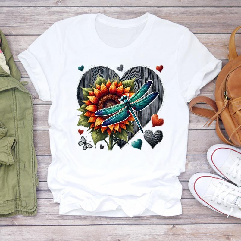 (Asian Size) Print Lady T Shirt Fashion Love Sweet Flower Cute Women Clothing Casual Top Short Sleeve Tee Female Graphic T-shirts