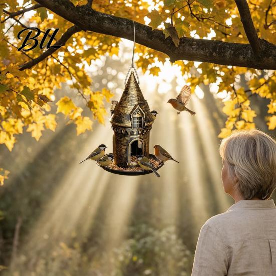 Outdoor Courtyard Bird Feeder Retro Castle Feeder, Metal Hanging Decorative Wild for Garden Backyard Balcony Decor Weather Resistant