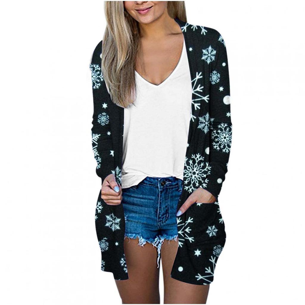 Женская мода, свободный повседневный карманный кардиган с рождественским принтом, куртки, топы