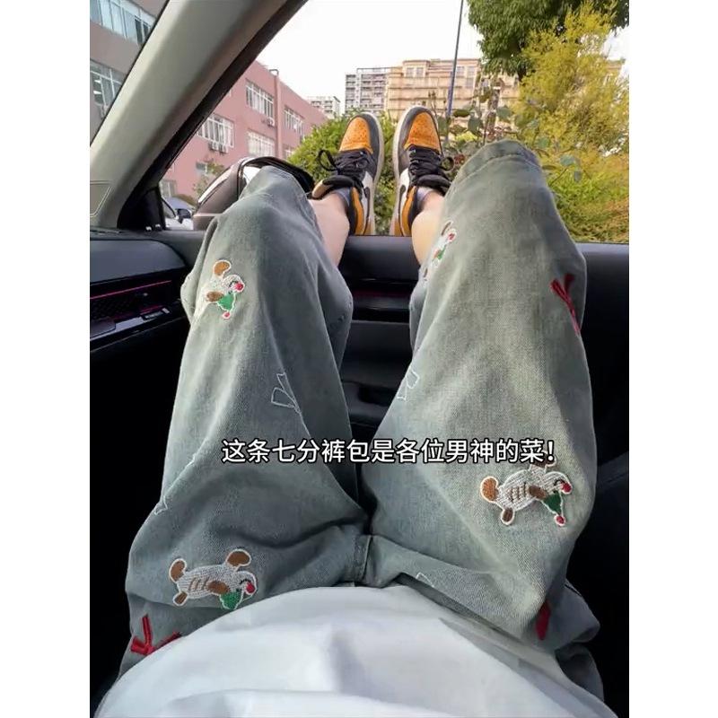 American puppy embroidered denim shorts boys summer texture loose pants niche design casual cropped pants