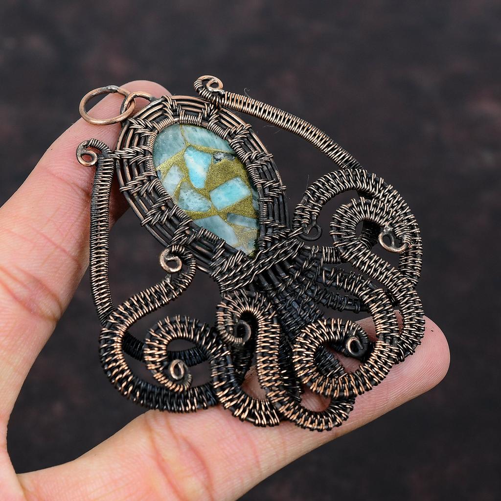 Copper Amazonite Pendant Copper Wire Wrapped Pendant Gemstone Jewelry Octopus Pendant Handmade Pendant Copper Wire Wrap Jewelry Gift For Him