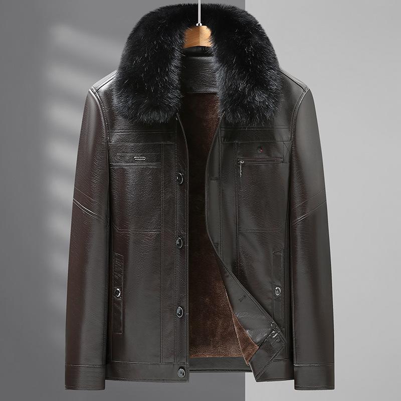 New Leather Jacket Men's Velvet Thickened Men's Fur Integrated Winter Lapel Warm Leather Jacket