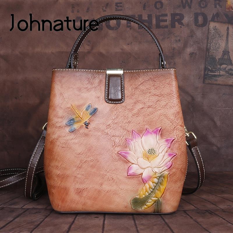 Johnature Ретро-сумка женская сумка-мешок из натуральной кожи ручной работы с тиснением и цветочным принтом из воловьей кожи сумки на плечо и через плечо