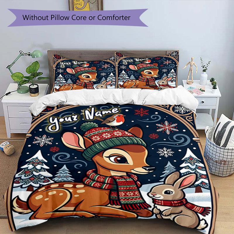 3PC Custom Name Winter Forest Friends Bedding Set Duvet Cover Closure Includes 1 Duvet Cover & 2 Pillowcases for Bedroom