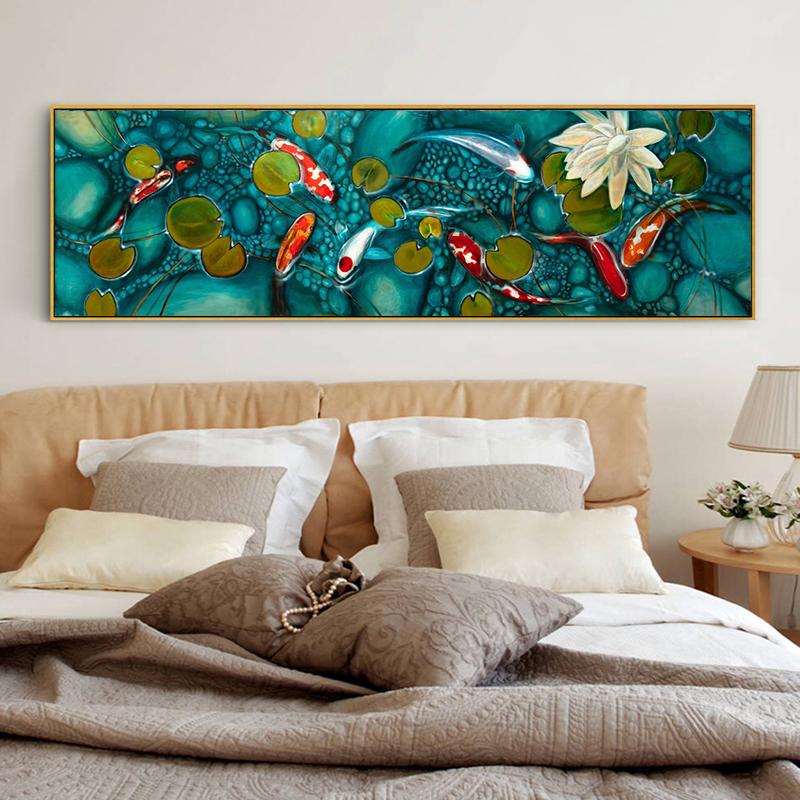 Новая картина маслом «Золотая рыбка в озере» в китайском стиле, напечатанная на холсте, фэн-шуй, постеры с изображением лотоса кои для украшения гостиной