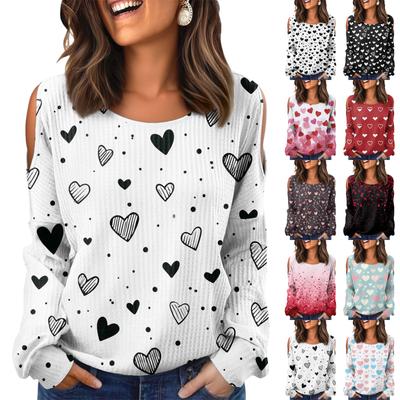 Женская зимняя футболка оверсайз Модная с открытыми плечами Круглый вырез Винтажный цветочный принт Пуловер С длинными рукавами Топ