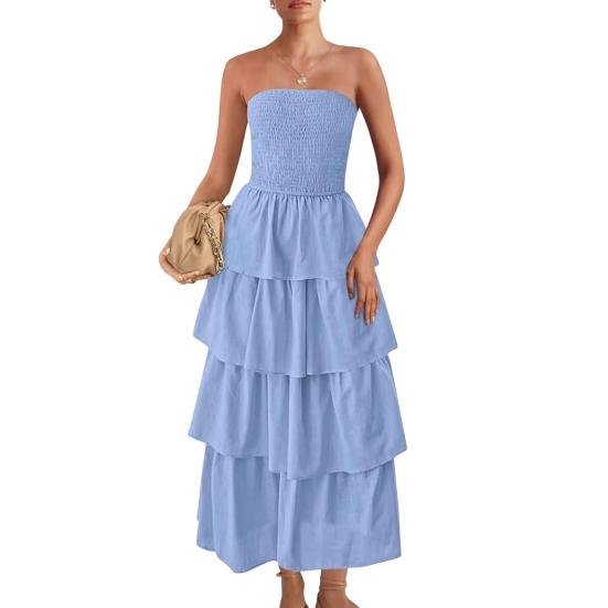 Женское платье без бретелек с открытыми плечами, без рукавов, без спинки, пляжное платье с многослойными оборками, разбросанным подолом, платье для отпуска, эластичное платье макси с облегающей грудью