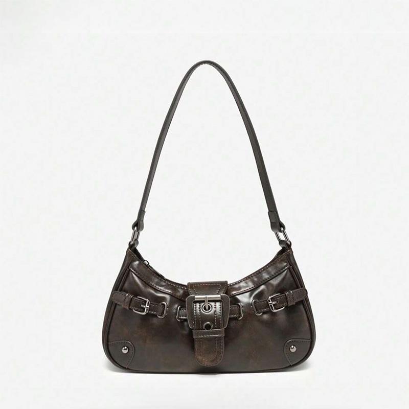 Deep Brown Retro Motorcycle Leather Underarm Shoulder Bag for Women