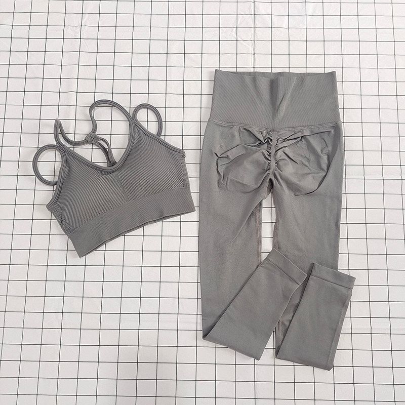 Suit for Women, Two-Piece Running Training Set, European and American Style Yoga Straps, Beautiful Back Design, Fitness High-Waisted Peach Pants