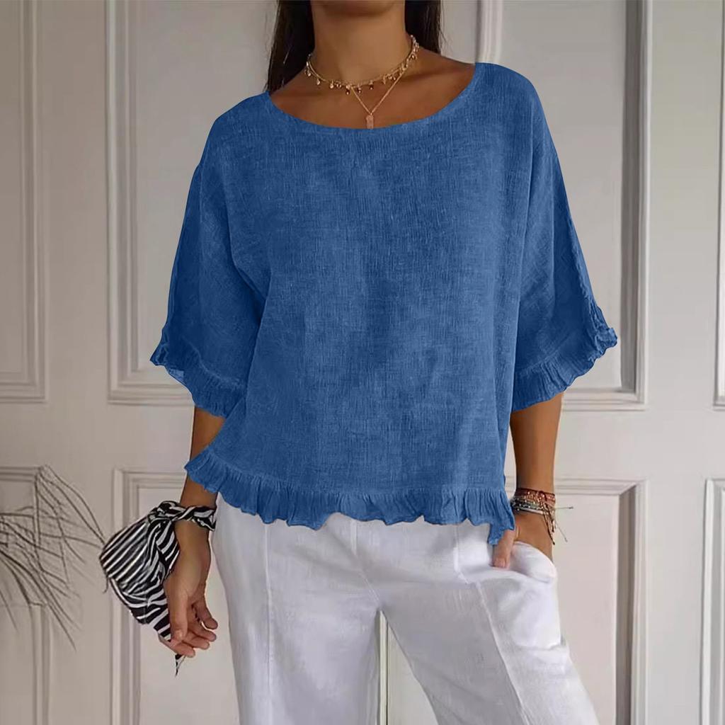 Women's' Fashion Solid Color Round Neck Short Sleeve Loose  Pullover Shirt Top