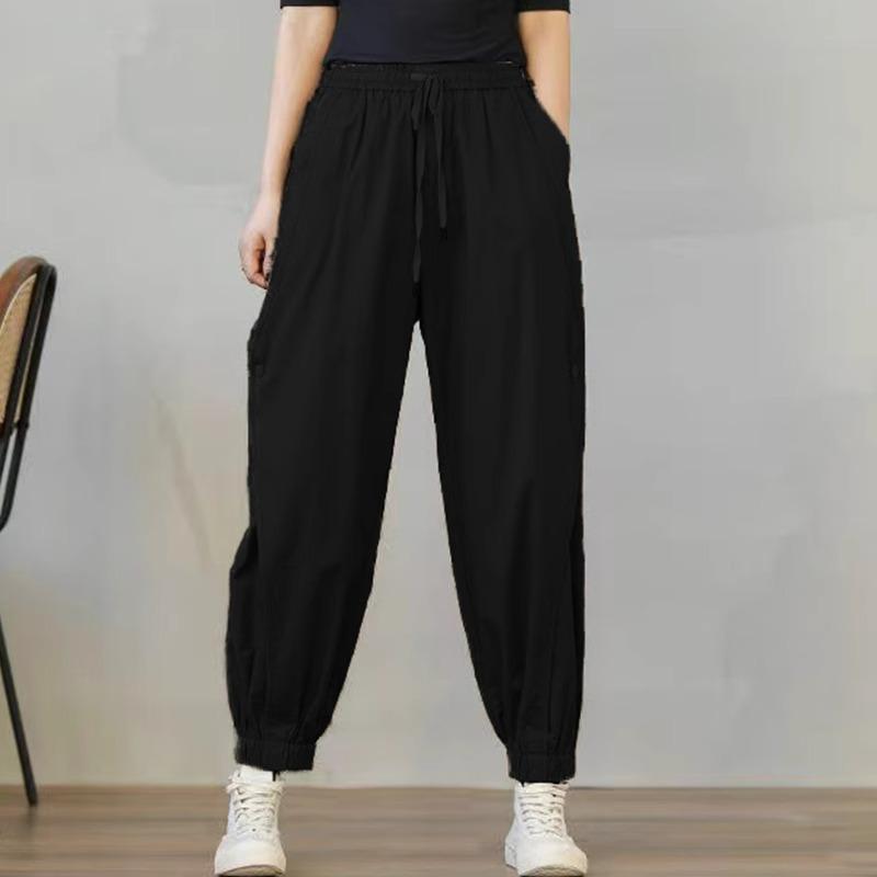 Женские весенние и осенние тонкие повседневные шаровары однотонные брюки с завязками на средней талии Nine-minute