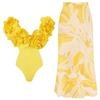 Винтажный цельный купальник с 3D цветочным декором, желтый цельный купальник и юбка, комплект купальников, женская пляжная одежда, роскошный купальный костюм, лето 2024 г.